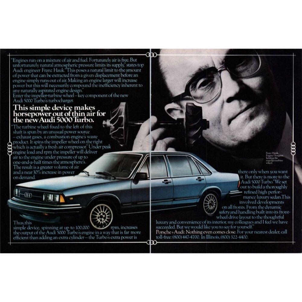 1980 Audi 5000 Turbo Luxury Sport Sedan 2 Page Vintage Print Ad 80s Wall Art